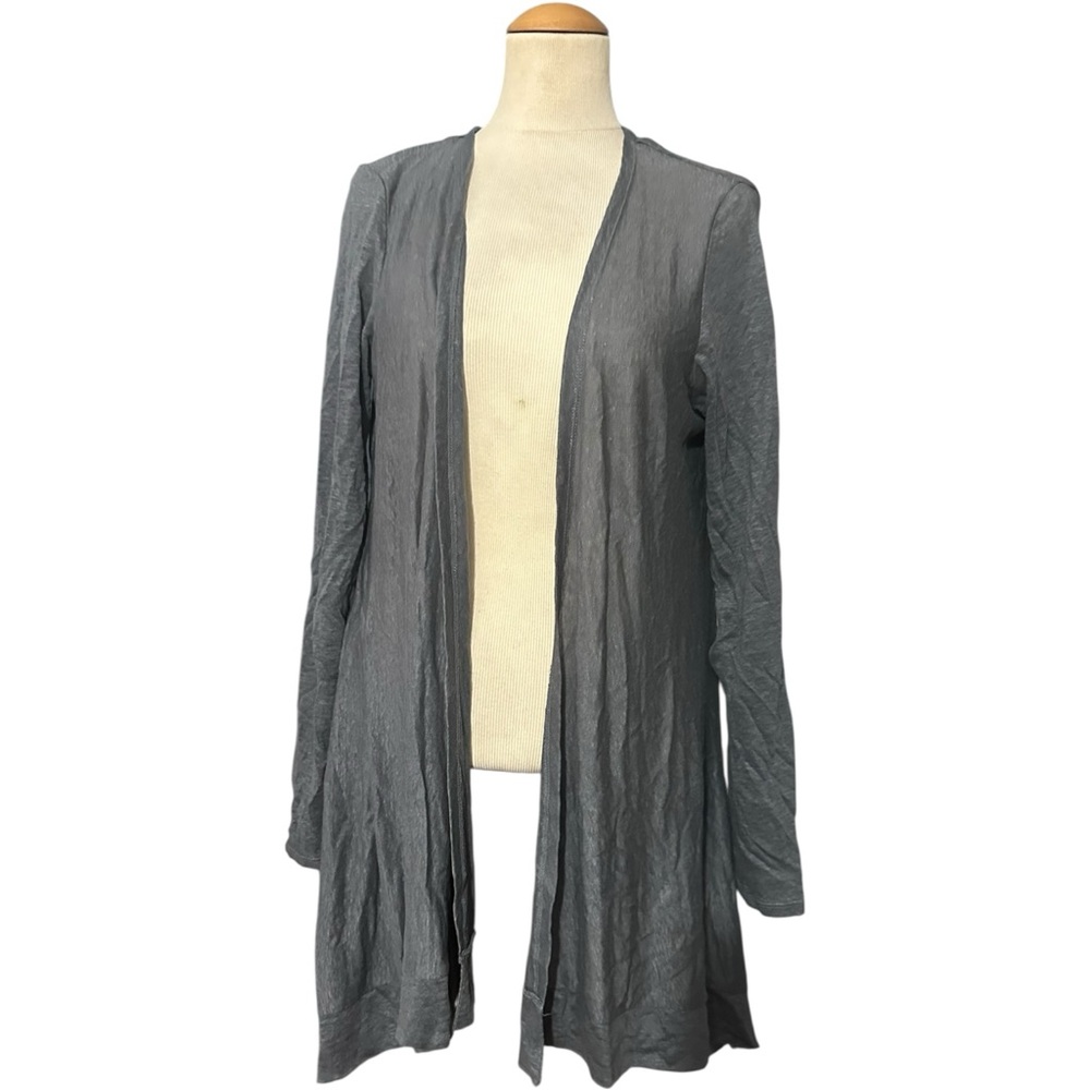 Tahari Linen Open Front Long Cardigan Gray Medium